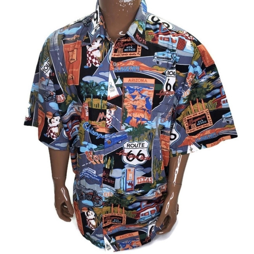 High Seas Trading Co Mens 3X Route 66 Road Trip Print Cotton Button Shirt USA